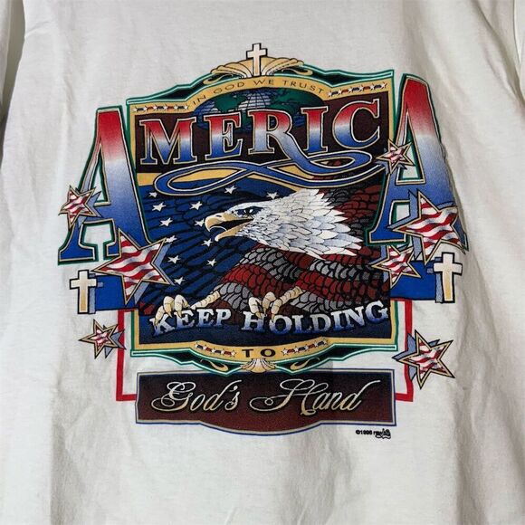 Vintage 90s Merica Patriotic T-Shirt XL USA Flag Sleeves Bald Eagle Tee 1996 - Picture 3 of 7